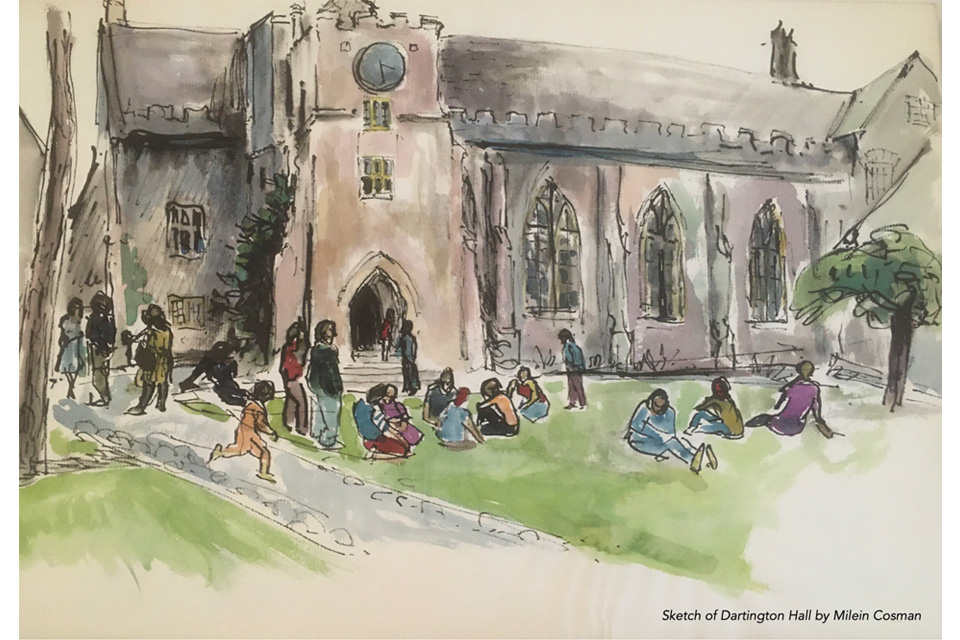 A sketch of the outside of Dartington Hall with people appearing to be relaxing in the green lawn outside 